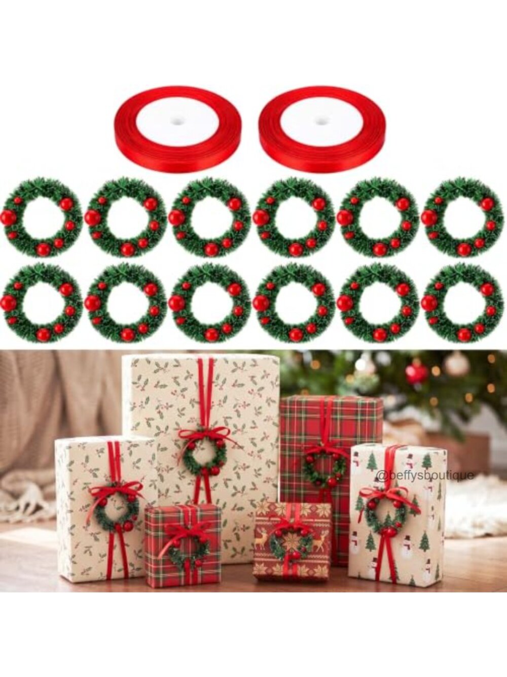 Mini Christmas Wreath Gift Wrapping Set with Red Ribbon Rolls